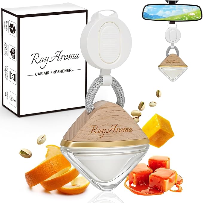 Royaroma Long Lasting Car Fresheners for Women, Non Toxic Car Air Freshener with Adjustable Rope,Luxury Cars Diffusers for Essential Oils, Clear Plant-Based Essential Oil | Sea Salted Caramel Scent