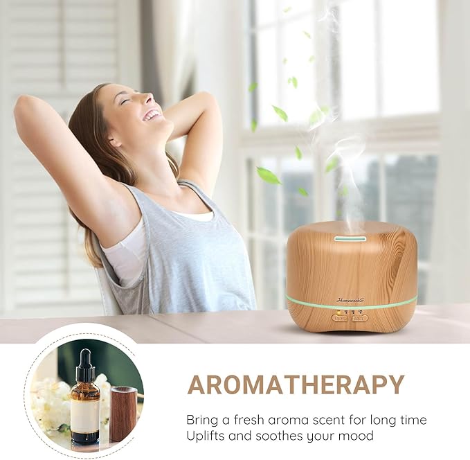 Homeweeks 300ml Essential Oil Diffuser, Quiet Aromatherapy Mist Diffusers for Essential Oils, Wood Grain, Ultrasonic, Remote Control, Timer, 7 Colors Light for Bedroom (300ml Yellow Wood Grain)