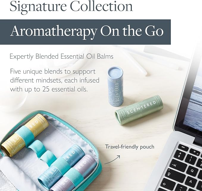 Scentered Aromatherapy Balm Stick Gift Set with Travel Pouch - Sleep, Focus, Stress-Relief, Mood Boost & Calm - Premium Essential Oil Blends: Lavender, Chamomile, Rosemary, Cedarwood, Ylang Ylang