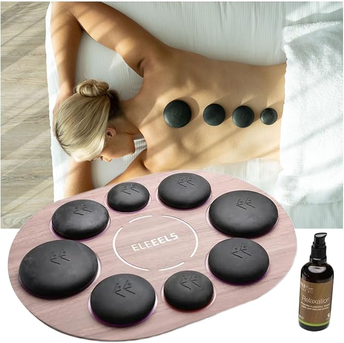 Hot Stone Massage Set with Temperature Control, 8Pcs Basalt Hot Stones Portable Warmer Kit, with Aromatherapy Massage Oil, Home SPA Professional Massage Tool for Muscle Pain Relief, Relaxation