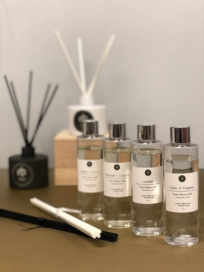 rosbas Gardenia Reed Diffuser Refill Set - Black Reeds - 6 fl oz Bottle in a Drawstring Cotton Bag - High Performance Fiber Reeds - Handcrafted in USA