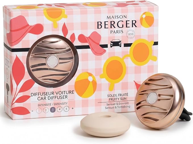 MAISON BERGER Car Diffuser Set, Fruity Sun | Plum Peach Pineapple Notes, Refillable Vent Clip with Ceramic Refill, Passive 4-Week Diffusion, Made in France