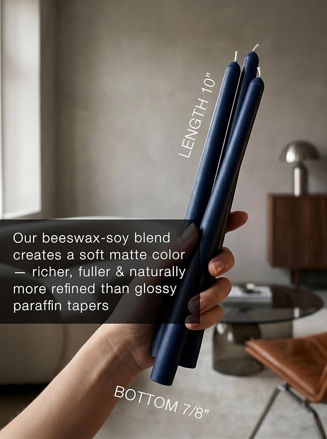 10" Classic Taper Candles, Navy Blue, 4-Pack, 7-8 Hours Long Burning, Unscented Tall Candlesticks