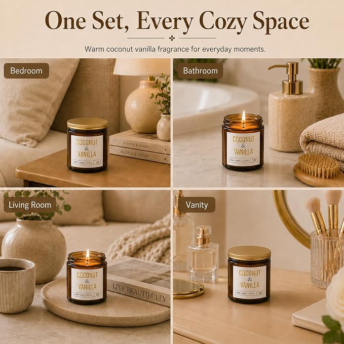 Coconut Vanilla Candles, 6 Pack Scented Candles 3.5 oz Each, 21 oz Total Soy Candles in Amber Glass Jars, Aromatherapy Candle Set for Home, Bathroom, Gifts for Women and Mom