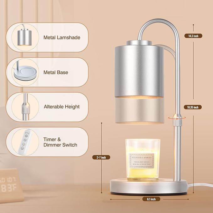 CASTLELIFE Candle Warmer Lamp with Timer & Dimmer, Height Adjustable Electric Wax Melt Warmer for Jar Candles, Gifts for Mom Home Decor, Silver