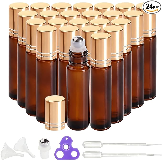 PrettyCare 24 Pack, 10 ml Essential Oil Roller Bottles with Stainless Steel Roller Ball - Refillable Leak-proof Empty Thick Amber Glass Roll on Bottles with Metal Caps for Travel, Perfume