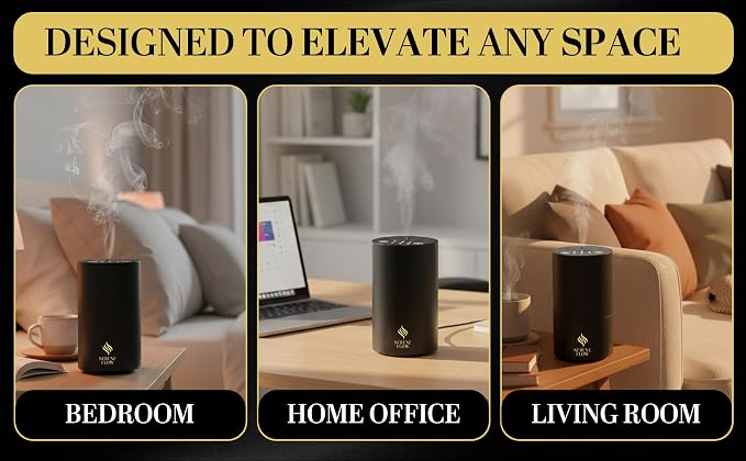 Waterless Essential Oil Diffuser, battery-operated cordless aromatherapy diffuser with timer & 3 mist levels. For car, home, office, yoga studio, nursery, bedrooms, and pet areas. Black aluminum alloy