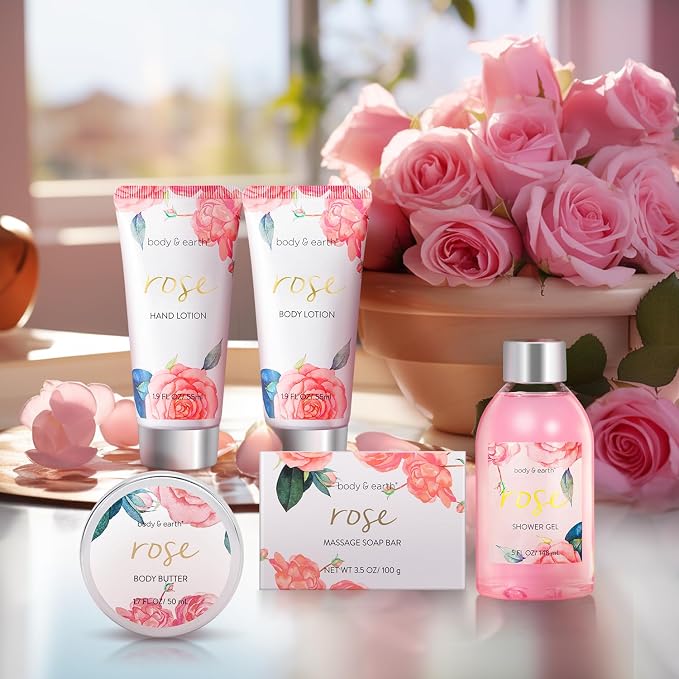 Bath and Body Gift Set for Women, Body & Earth 5 Pcs Rose Spa Gifts for Women, Self Care Kit, Lotion Set for Her, Birthday, Mothers Day Presents for Mom, Wife, girlfriend