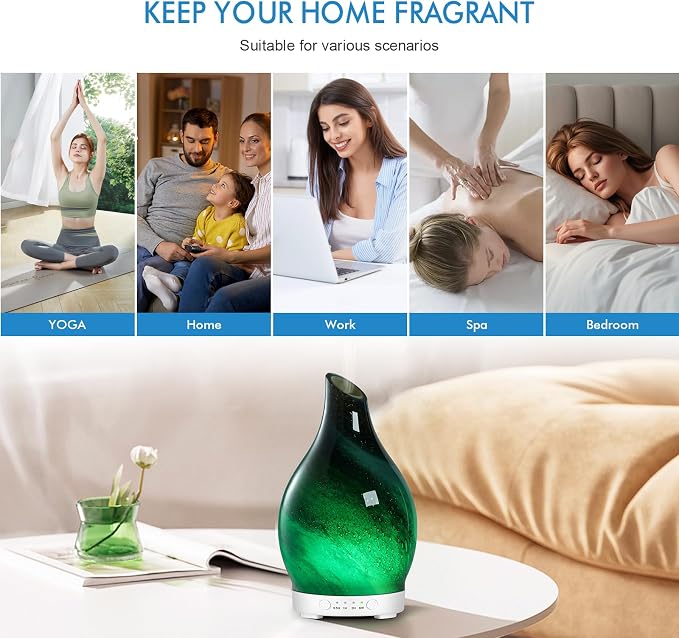 Aromatherapy Essential Oil Diffuser for Home- 150ml Art Glass Diffuser for Essential Oils with Waterless Auto Shut-Off 4 Timer 7 Colors LED Night Light for Home Office Decor Gifts for Women