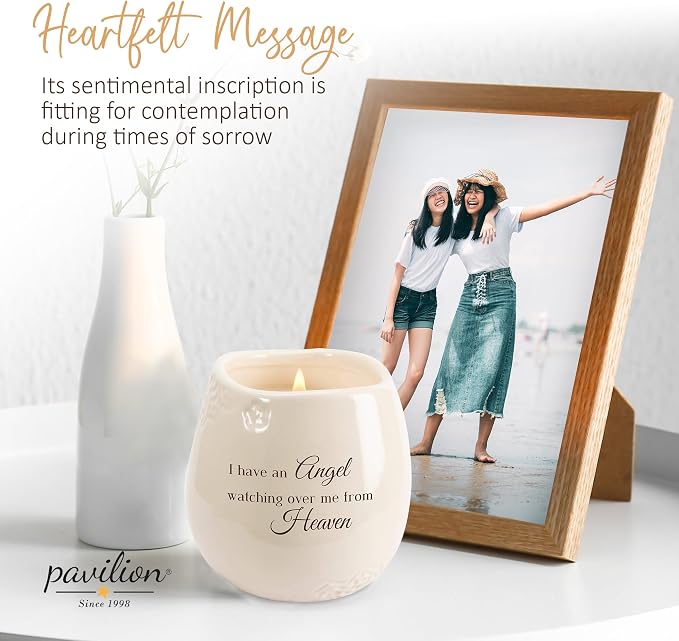 Pavilion Light Your Way Memorial Ceramic Vessel - 100% Soy Wax Candle with "I Have an Angel Watching Over Me From Heaven" Text, Decorative Soy Filled Candle, Scent of Tranquility, 8 oz, White