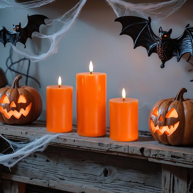 Homemory Halloween Orange Flameless Candles Battery Operated with Remote Timer, Real Wax LED Pillar Candle for Halloween Decoration, Fall Decor, Harvest Festival Gifts, H456, Set of 3
