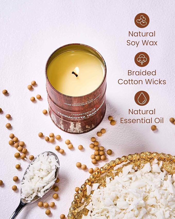 M&SENSE Terracotta Teakwood Scented Candles Christmas Decor,Natural Non Toxic, Aromatherapy Candle for Stress Relief Meditation Relaxing, Housewarming Gifts for Women Men, 11.3oz 70 Hour