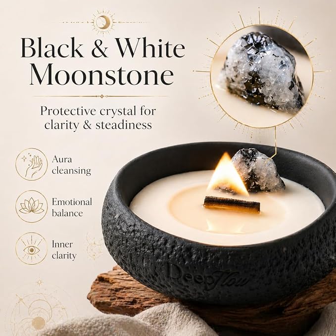 DEEP FLOW Luxury Crystal Ritual Candle - Inner Light with Black & White Moonstone, Clean Herbal Woody Scented Soy Wax for Meditation & Spiritual Clarity (Soul Awakening)