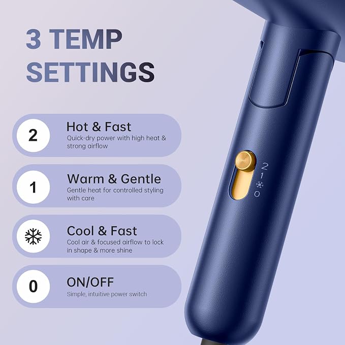CONFU Diffuser Hair Dryer for Curly Hair,1500W Fast Drying Blow Dryer with Diffuser for Women,Compact & Portable Negative Ion Hairdryer,Mini and Foldable Blowdryer Design for Travel(Blue)