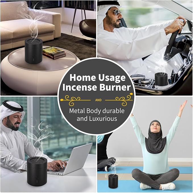 Incense Burner, Portable Rechargeable USB Aroma Diffuser, Special Coal briquette Incense Burner, Arabic Electronic Incense Burner, Home décor (Black)