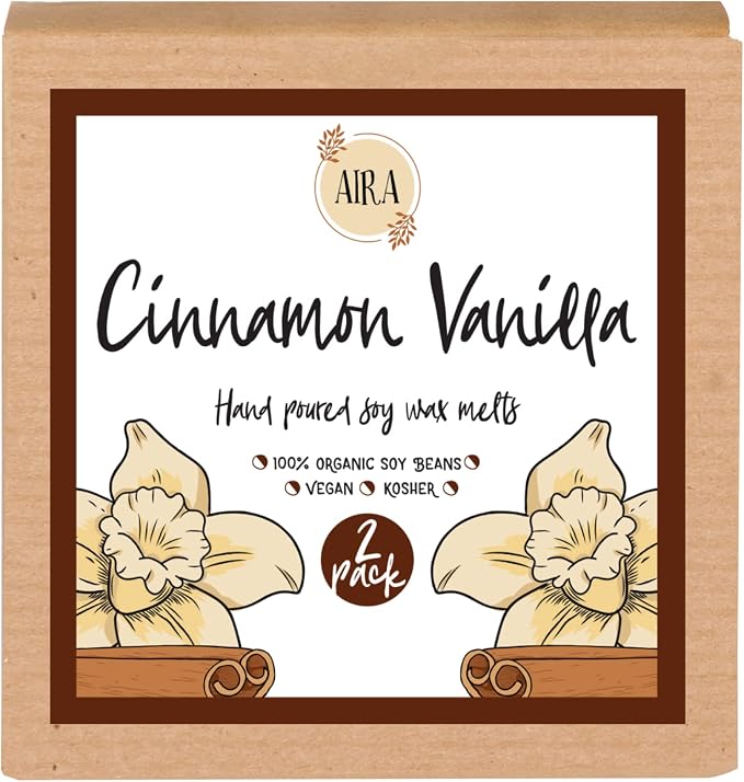 Aira Soy Wax Melt - Organic, Vegan, Kosher, Scented Soy Wax Cubes w/Essential Oil Blends - No Chemical 100% Soy Wax Melts for Tealight Melters - Hand-Poured Soy Tarts - Cinnamon Vanilla - 2 Pack
