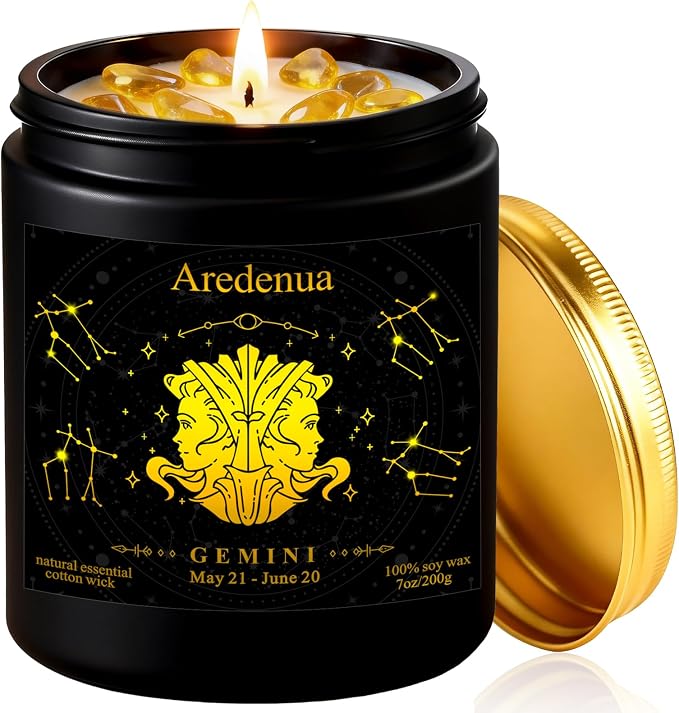 Gemini Birthday Gifts for Women | Zodiac Crystal Candle with Genuine Citrine Healing Crystals, Lemon Scented Soy Candle 7oz 50 Hour Burn for Anxiety Relief, Unique Astrology Gifts for Gemini