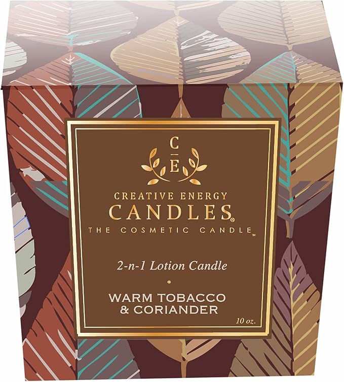 Lotion Candle - Warm Tobacco & Coriander Scented Massage Candles for Self Care, 10 Oz. Soy Wax Candle with Essential Oil Blends, Coconut Oil, and Vitamin E, 55 Hour Burn Time