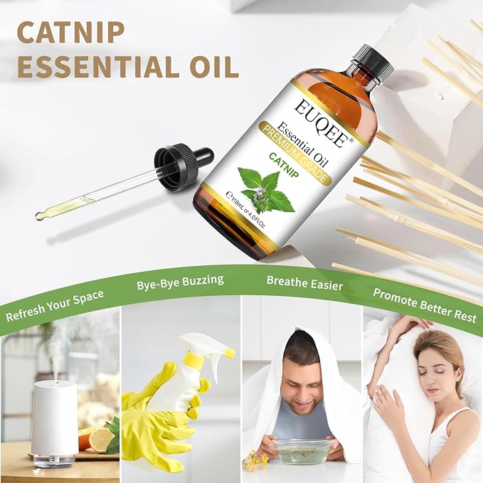 EUQEE 118ML Catnip Essential Oil, Fresh Herbal Aroma Catnip Essential Oil with Glass Dropper Great for Air Refresher, Massage, Diffuser, DIY Soap, Candle Making, Aromatherapy, Sleep