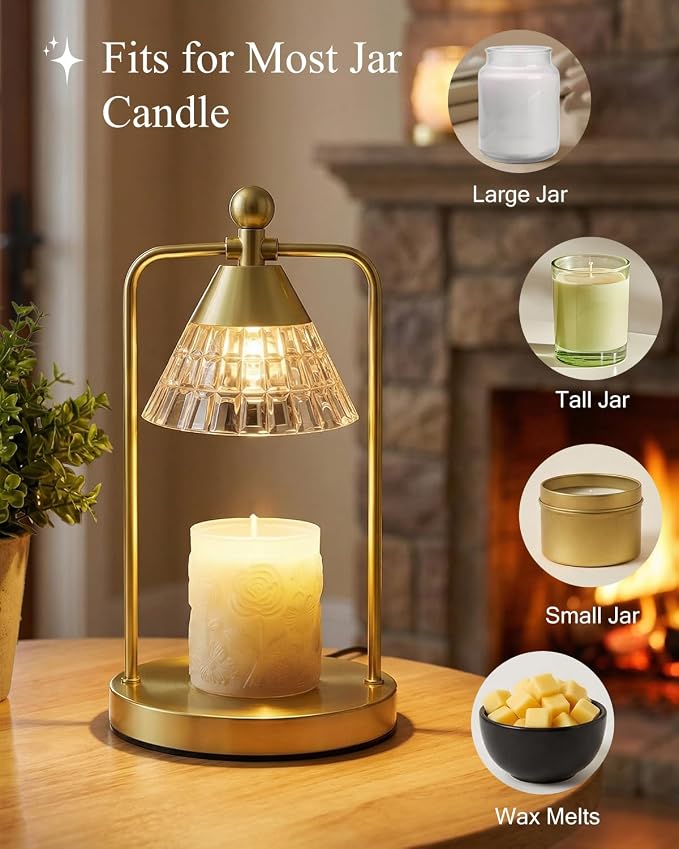 Candle Warmer Lamp with Timer Dimmer, Electric Wax Melt Warmer Lamp for Jar Candles Lights, Candle Lamp Warmer with 2 Bulbs, Birthday Gifts for Women, House Warming Gifts New Home Decor, Gold