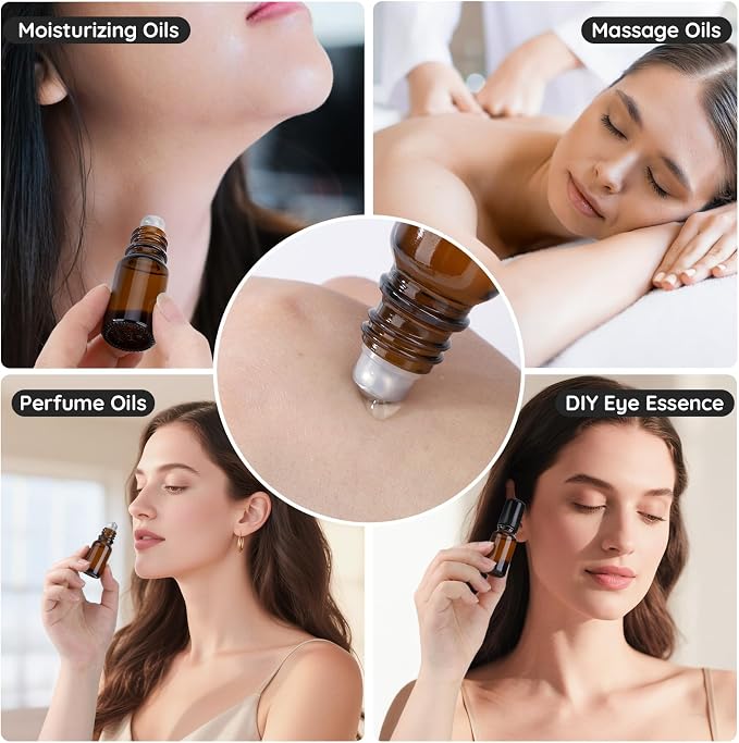 Segbeauty 0.34oz Glass Roller Bottles for Essential Oils, 5pcs Amber Refillable Roll On Bottles, 10ml Empty Rollerball Bottle for Oil, Small Travel Size Containers for Perfume Cosmetics Liquids