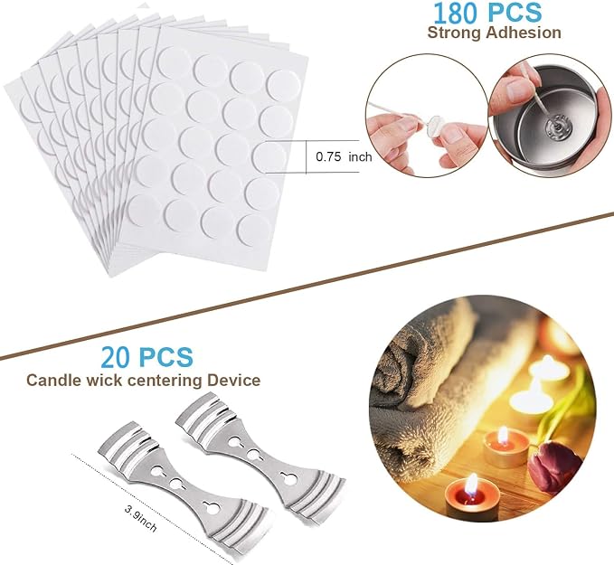 20pcs Candle Wick Holder, 180pcs Candle Wick Stickers, Silver Stainless Steel Candle Wick Centering Devices, Candle Making Supplies for Candle Making, Candle DIY