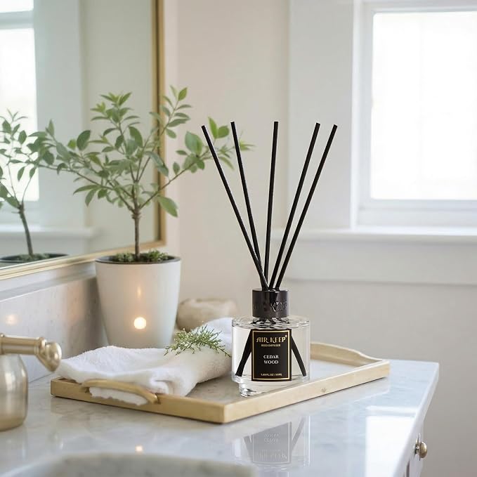 Airkeep Reed Diffuser Set of 3 for Bathroom Air Fresheners, Oil Diffuser Sticks | Cedar Wood,White Pine Moroccan Amber Scent Diffuser(1.7 fl oz*3) Fragrance with 18 Sticks Defusers | Shelf Decor