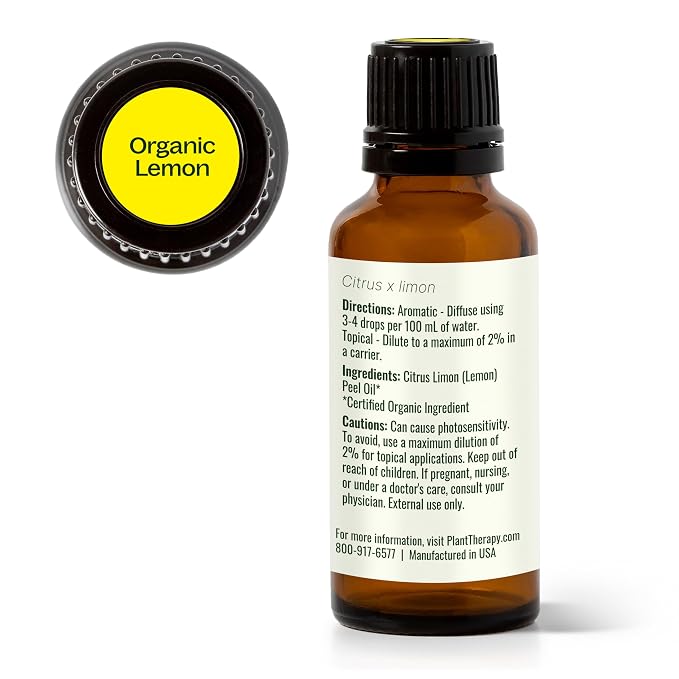 Plant Therapy Organic Lemon Essential Oil, 30 mL (1 oz), 100% Pure and Undiluted, USDA Certified Organic, Great for Diffusers and DIY Cleaning Recipes