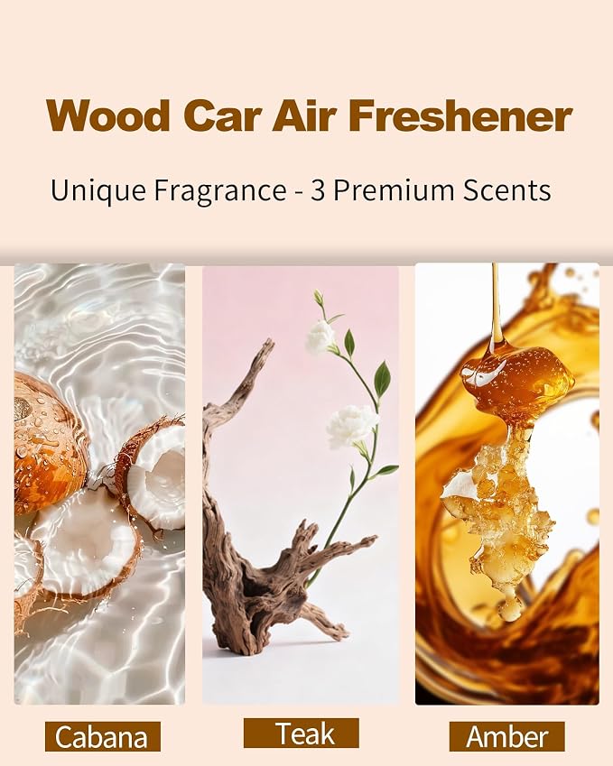 Car Air Freshener Long Lasting Wood Air Freshener for Visor Clip Car Odor Eliminator Scent Diffuser for Cabin 2 Metal Clips Variety 3 Pack(Cabana-Teak-Amber)
