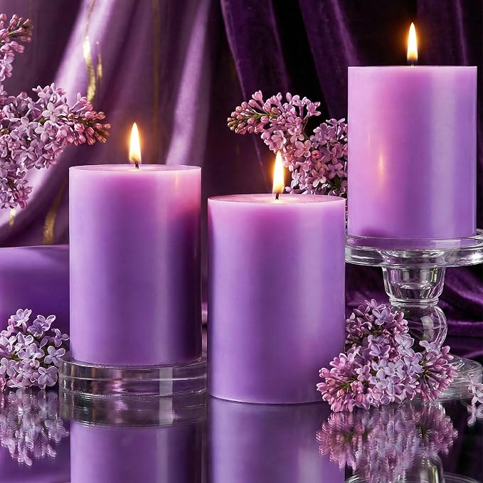 4 Pack Lilac Scented Soy Pillar Candle 2.8x4In,240H Long Burn,Natural Spring Floral Aromatherapy Hand-Poured Candles for Stress Relief,Relaxation & Home Decor,Mother’s Day Gifts,Smokeless & Non-Toxic