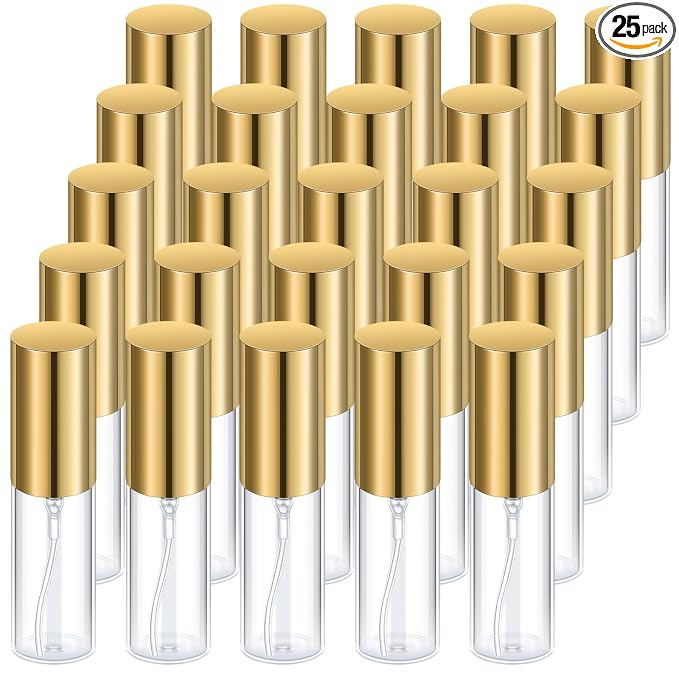 Yinder 25 Pcs 5ml Travel Spray Bottle Refillable Perfume Atomizer Bulk Glass Mini Cologne Perfume Bottles Empty Fine Mist Portable Small Sample Containers(Gold)