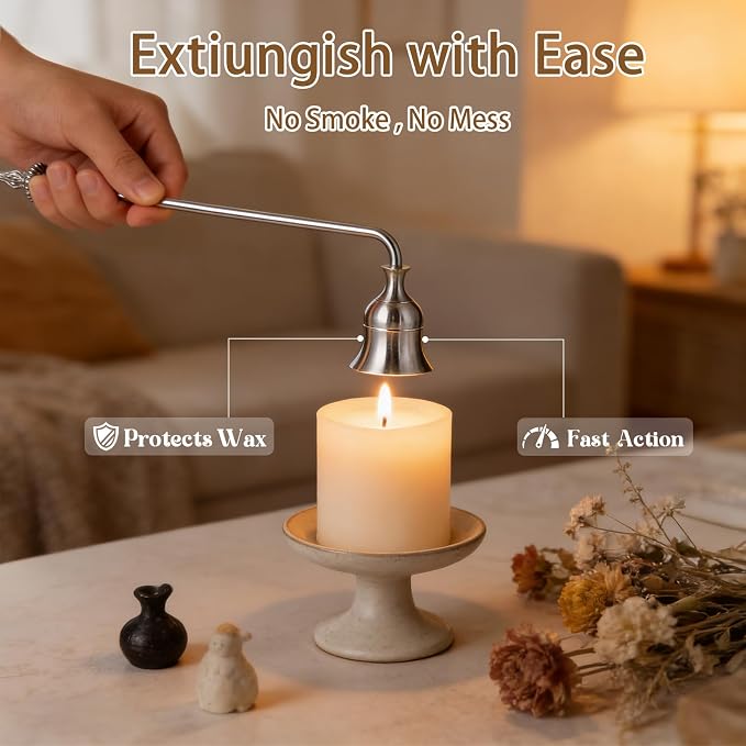 Candle Snuffer, 9-Inch Long Handle for Safe Flame Extinguishing, Smoke-Free & Splash-Free, Aluminum Metal Candle Wick Dipper & Extinguisher for Jar, Pillar, Scented Candles (Silver, 1 Pc)