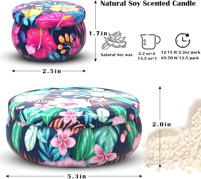 Aromatherapy Candle Gift Set - 5 Piece Scented Candles (1 x 13.5 oz, 4 x 2.5 oz) - Floral Tin Soy Wax Candles for Relaxation, Stress Relief, and Home Decor - Perfect for Gifting