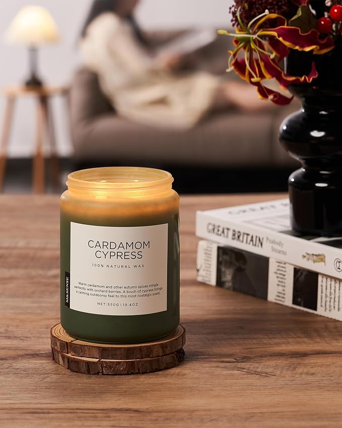 M&SENSE Cardamom Cypress Fir Large Soy Candles for Home Scented 2 Wick Large Soy Natural Candles 19.4oz 110 Hours Long Lasting Slow Burning Woody Scented Winter Holiday Birthday Gifts