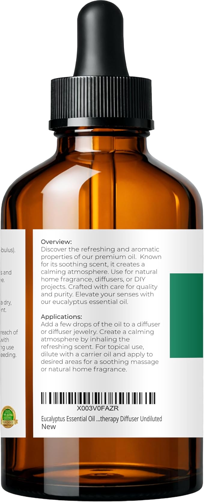 Eucalyptus Essential Oil by Velona - 4 oz | Therapeutic Grade 100% Pure and Natural | for Aromatherapy Diffuser, Massage, Skincare, Haircare, Soapmaking | Undiluted and Multipurpose in Glass Bottle