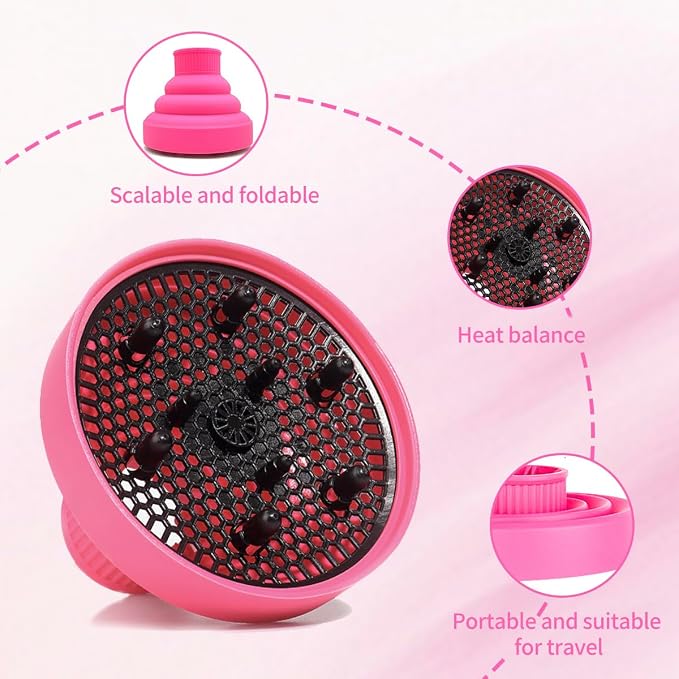 Collapsible Silicone Hair Dryer Diffuser, Travel Collapsible Portable Diffuser for Curly Hair Women, Airflow Attachment for Salon or Home Use, Fit Most Hair Dryers with Nozzle Diameter D-1.575 Inch
