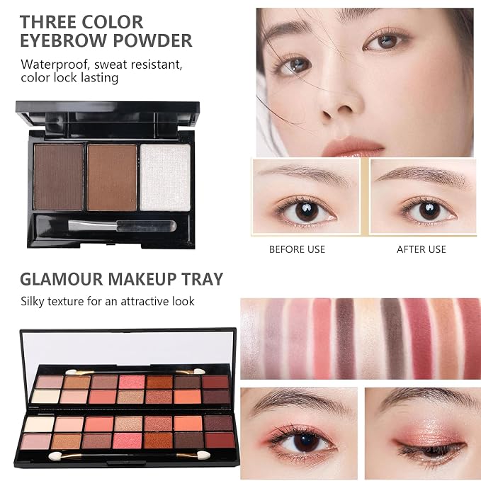 MTDXILTAI All in One Makeup Kit for Makeup storage bag 2X14 Colors Eyeshadow Palette Liquid Foundation Eyeliner Pencils Contouring Stick Lip Gloss 20Pcs Make up Brushes For Women Girls Teens (Black)