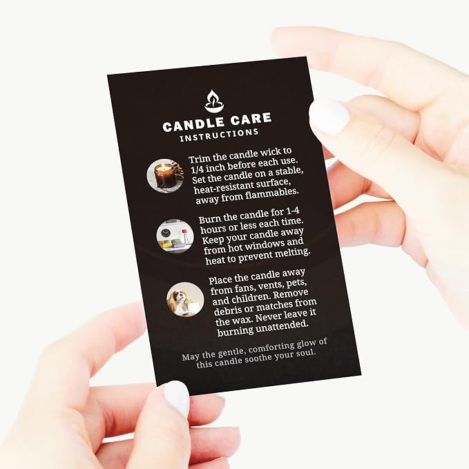 200 pack - Premium Handmade Candle Care Instruction Cards Black 2x3.5 in, Small Business | Soy Bees Wax Melt, Candle Makers, Making Supplies Kit Set, Containers, Jars, Pot, Package