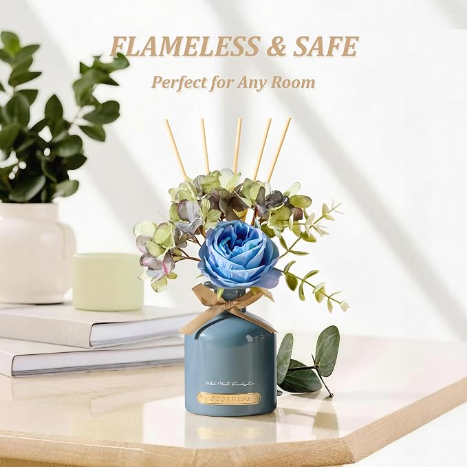 COCORRÍNA Reed Diffuser Set, 6.7oz Flower Reed Diffuser with Sticks,Wild Mint & Eucalyptus Essential Oil, Long Lasting Home Fragrance for Bathroom, Bedroom & Shelf Decor, Aesthetic Gift for Women