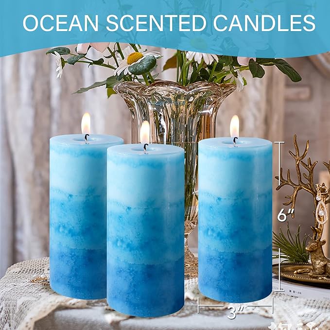 Pillar Candles Ocean Scented, Immeiscent Aromatherapy Candles, 60+ Hours Burn Long Lasting, Blue Mottled Layered Candles for Home Scented, SPA, Restaurant, Set of 3