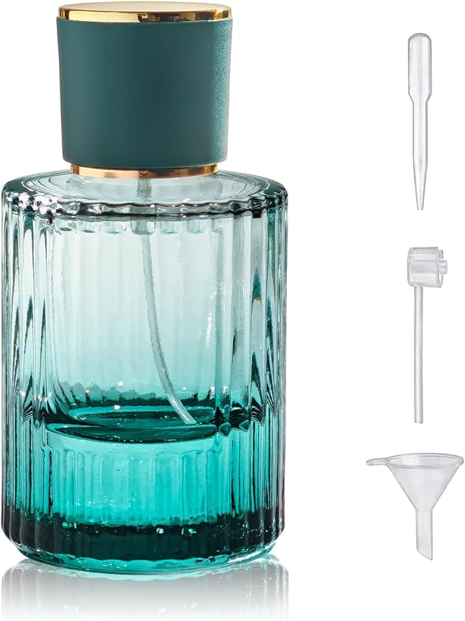 50ml/1.7 Oz Glass Spray Bottle Perfume Atomizer,Round Glass Perfume Travel Refillable Spray Bottle Empty with 3 Kinds of Dispenser (Green)