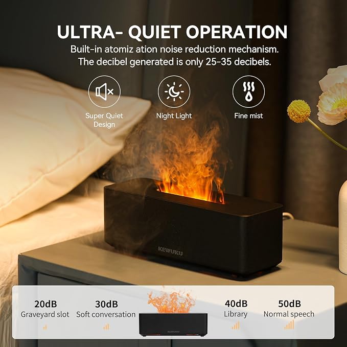 Essential Oil Diffuser and Humidifier with Flickering Flame Light, 10oz,Ultrasonic, Quiet, Auto Shut Off for Bedroom, Office, Yoga