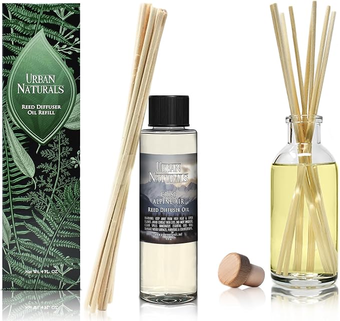Urban Naturals Reed Diffuser Oil Refill, Crisp Alpine Air Diffuser Oils with Eucalyptus, Pine, Citrus, 4 oz + Free Reed Sticks, Made in the USA