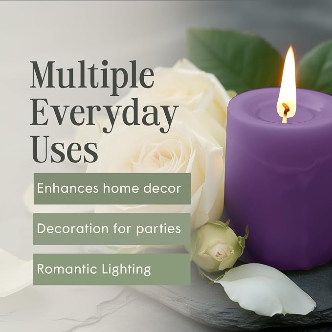 Mister Candle Dripless Unscented Purple Pillar Candles, Set of 3 Hand Poured Solid Color Non-Scented Candles for Home Decor, Premium Wax, 60 Hr Burn Time - 3x4 Inch, Purple