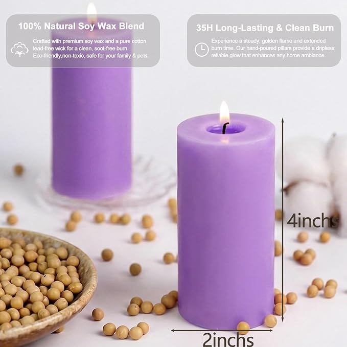 Lavender Scented Soy Pillar Candles Set of 3, Purple Aromatherapy Candles for Home, 105 Hours Clean Burning Long Lasting for Bathroom Living Room,2x4 inch