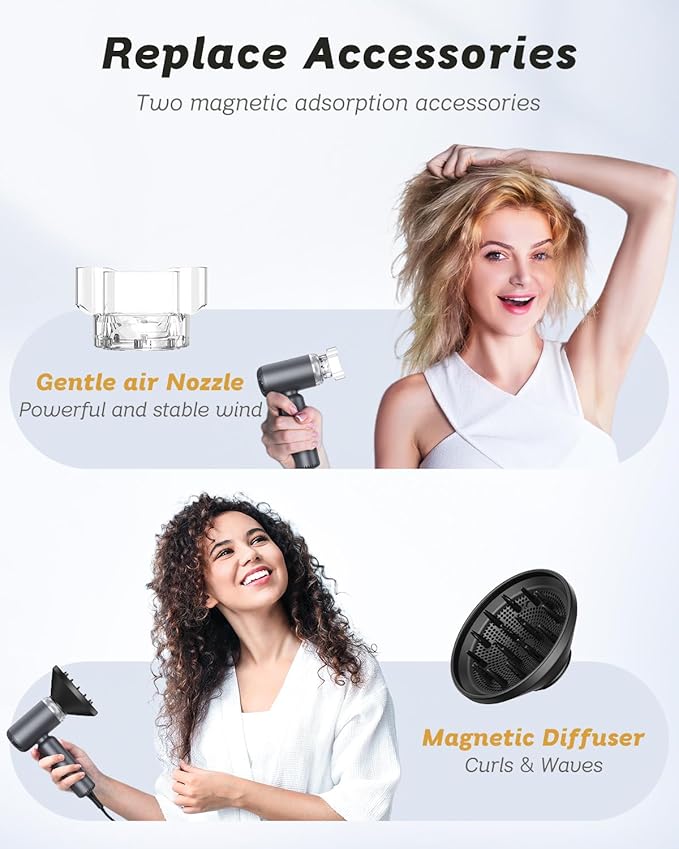 Dual Voltage Hair Dryer, High-Speed Ionic Blow Dryer for Fast Drying, Travel Compact Hair Blow Dryer with Magnetic Curly Diffuser for Home, Portable Hairdryer International 100-240V