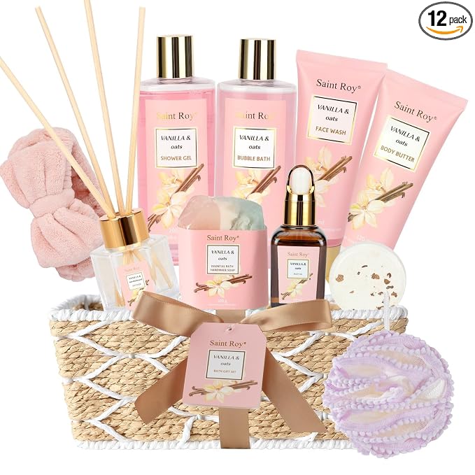 Bath & Body Gift Basket, Self-Care Relaxation Set Vanilla Oat for Women | 16Pcs Pink Gifts Basket for Women Enriched essential oil, Home Spa Body Oil, Diffuser, Shower spa kit Mom Pampering Kit