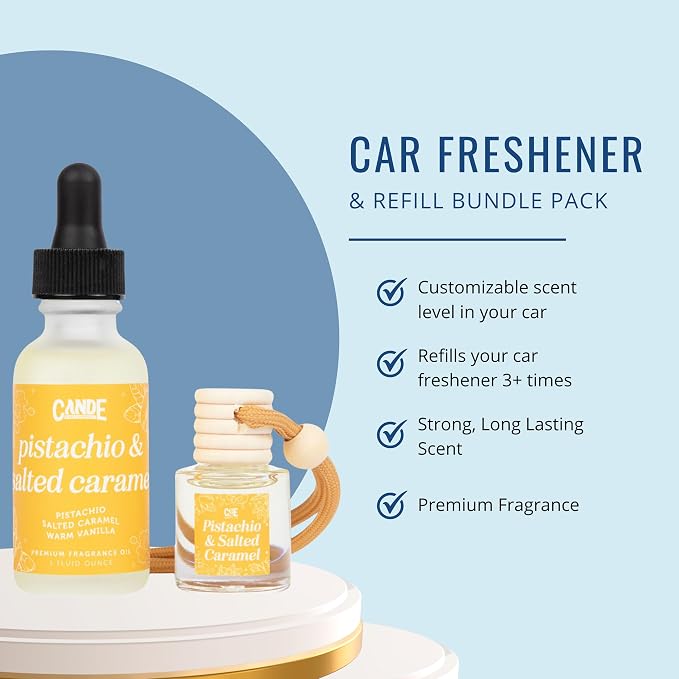 Car Air Freshener & Refill Bundle – Hanging Scent Diffuser for Car, Long-Lasting Essential Oil Car Fragrance, Reusable Glass Bottle + Refill, 2 Pack (Cinnamon Sugar)