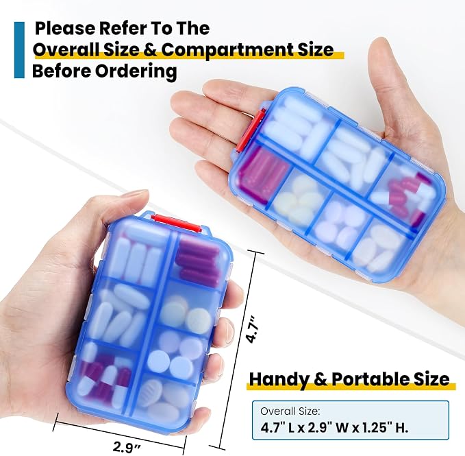 14 GRIDS Travel Pill Organizer Box with Labels - Travel Medicine Case Kit - Pocket Daily Pharmacy Container - Travel Medication Holder Dispenser for Fish Oil Vitamin Supplement Storage - Clear Blue