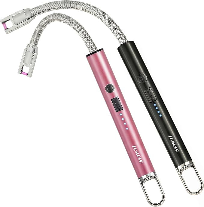 TOMOLO Electric Candle Lighter, Long Flexible Neck Lighter with Safety Switch, Windproof Plasma Flameless USB Rechargeable Lighters for Candles, Grill, Camping & Gas Stove, 2-Pack (Black & Rose Gold)